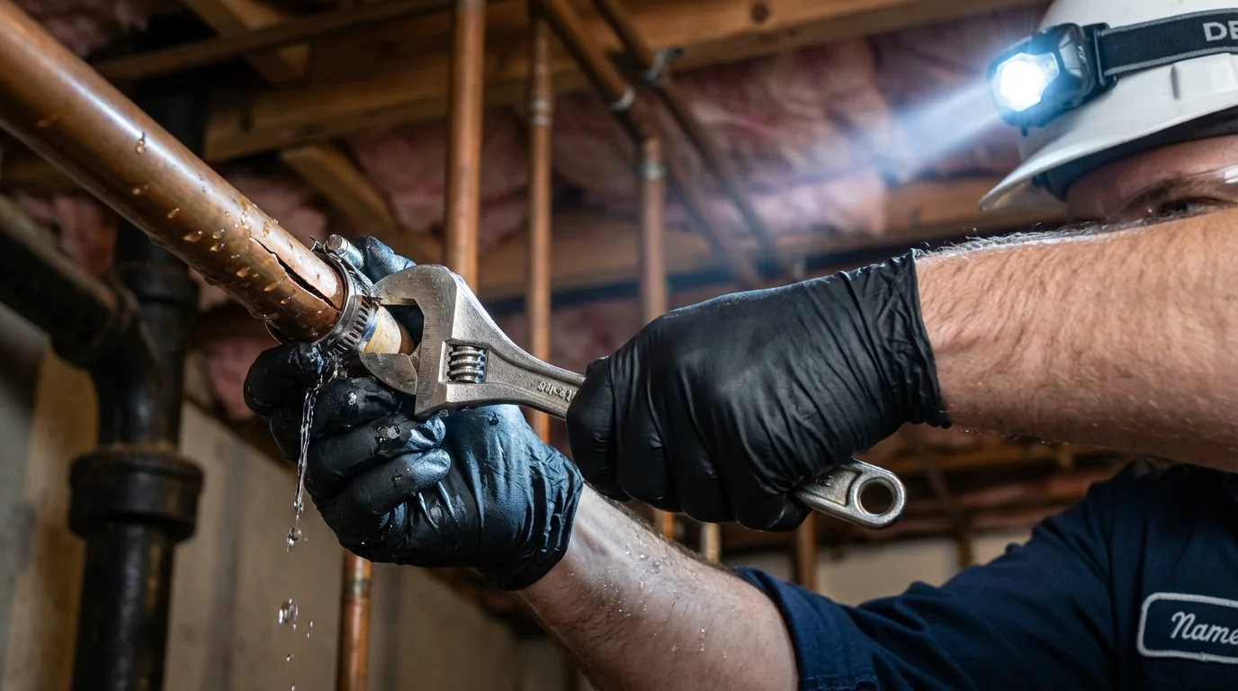 Emergency pipe clamp repair being performed by a Johns Plumbing LLC plumber in Buttonwillow