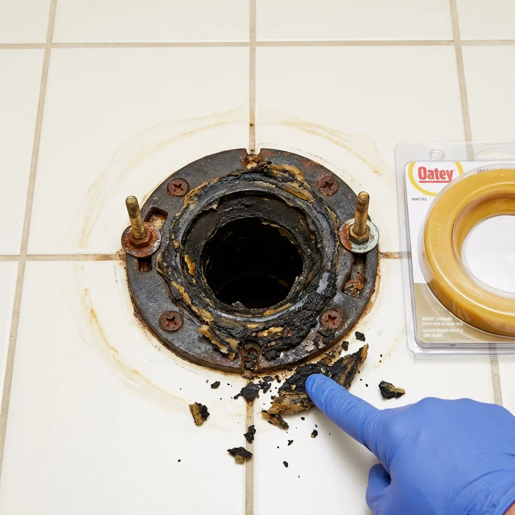 Failed wax ring showing water seepage at the base of a toilet in a Buttonwillow, CA home