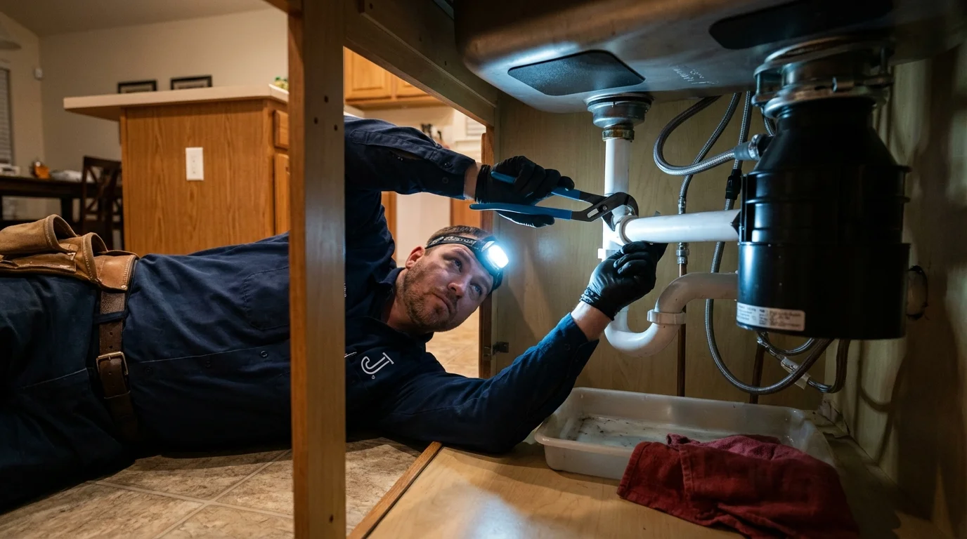P-trap and supply line connections under a kitchen sink showing a common leak point in Buttonwillow, CA
